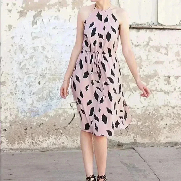 Loft Dusty Rose Black Leaf Print Drawstring Waist Sleeveless Midi Dress - Picture 2 of 9